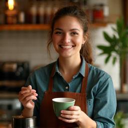 Gülümseyen barista lideri, kahve yaparken