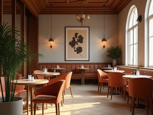 Kafenin iç mekânından doğal aydınlatmalı, ahşap dekor ve rahat sandalyeler